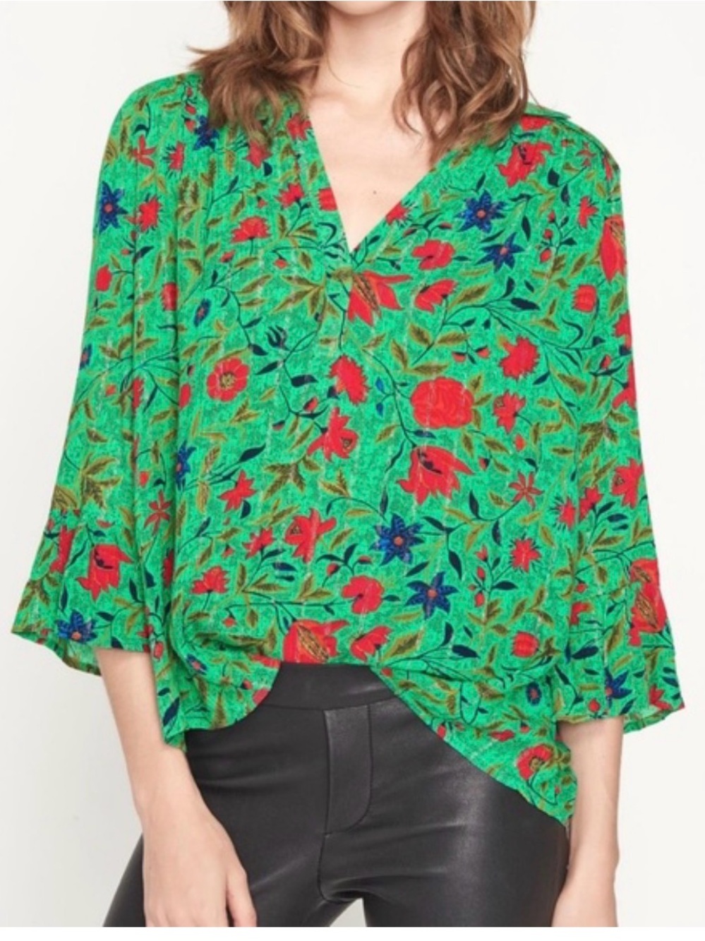 ba&sh Green Floral V-Neck Long Sleeve Blouse with Red & Blue Flowers